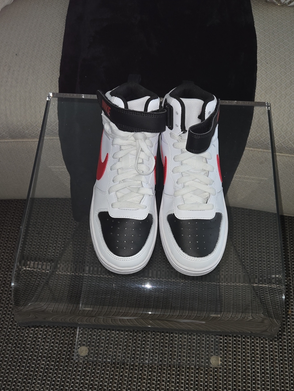 Nike Kids Borough Mid 2 High-Top Sneakers in White, Black & Red